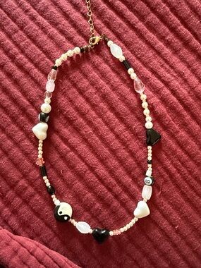Urban Outfitters Black & White Beaded Yin Yang Heart Adjustable Choker Necklace